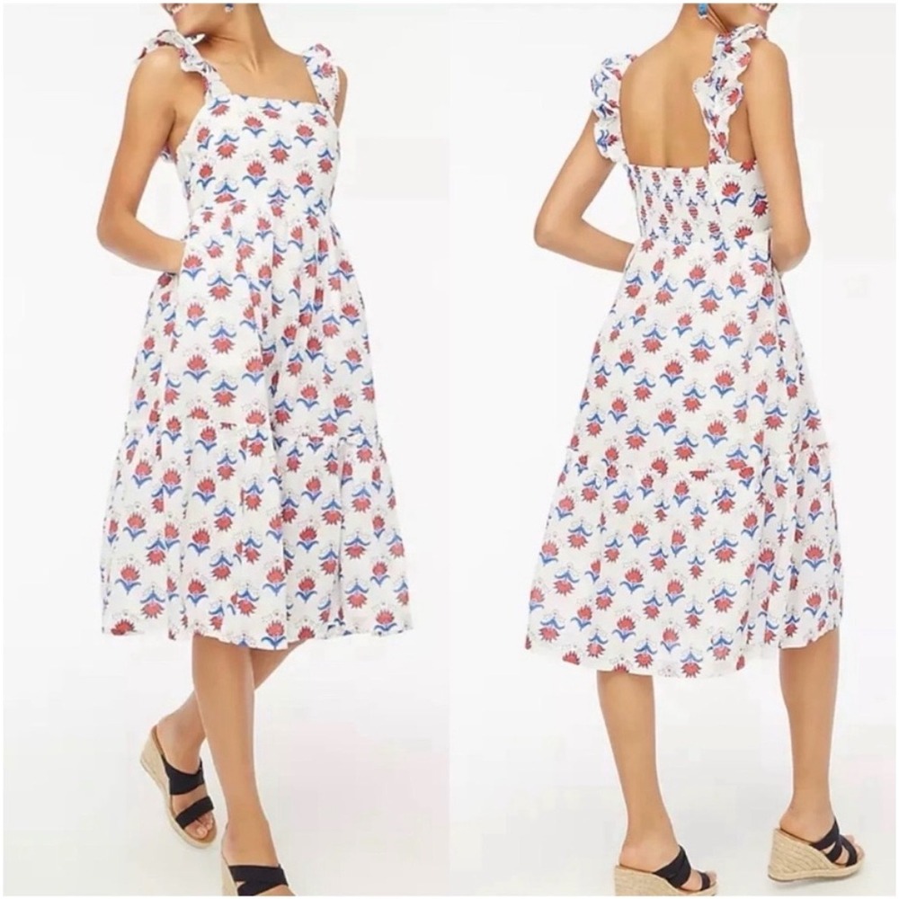 J.Crew Ruffle Strap Tiered Midi Dress White Red Blue Floral Print Size 2